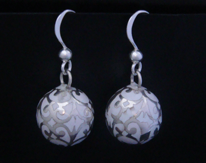 Harmony Ball Earrings White Chime Ball Sterling Silver Filigree - Click Image to Close
